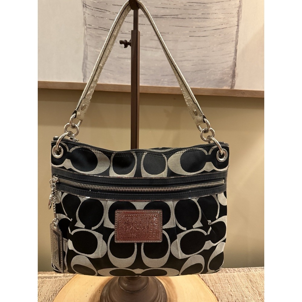 COACH Signature Poppy 15319 Canvas Leather 2Way Shoulder Bag Gray Black
